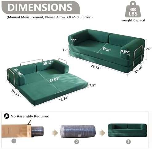 79 Convertible Sleeper Sofa Bed with Cylindrical Pillow  Corduroy Folding Mattress Couch with Fixed Shape Frame  Floor Sofa Lounge Couch for Living Room Bedroom Lounge Studio  Green 