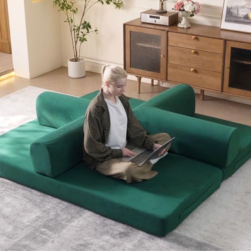 79 Convertible Sleeper Sofa Bed with Cylindrical Pillow  Corduroy Folding Mattress Couch with Fixed Shape Frame  Floor Sofa Lounge Couch for Living Room Bedroom Lounge Studio  Green 