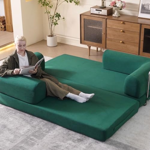 79 Convertible Sleeper Sofa Bed with Cylindrical Pillow  Corduroy Folding Mattress Couch with Fixed Shape Frame  Floor Sofa Lounge Couch for Living Room Bedroom Lounge Studio  Green 