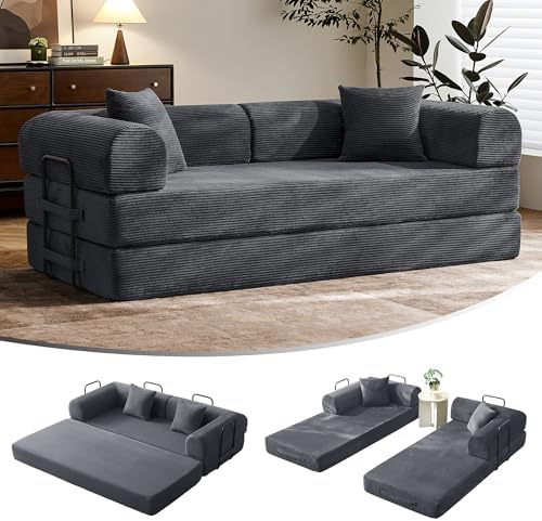 79 Floor Sofa Bed  5 in 1 Convertible Sleeper Sofa with Removable Armrests  Corduroy Fabric Sofa Couch  No Assembly Required for Living Room  Dorm  Studio  Dark Gray 