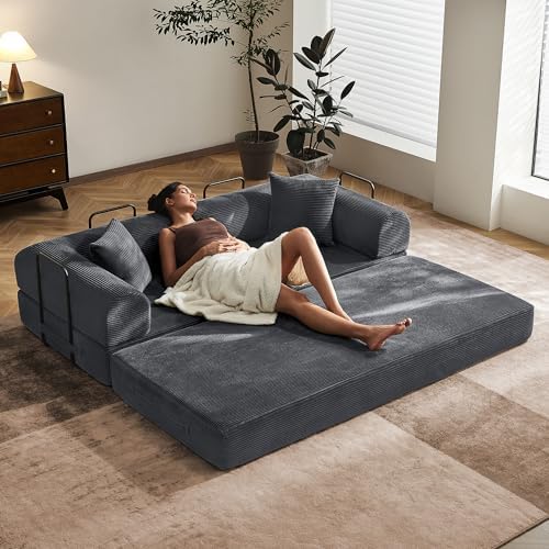 79 Floor Sofa Bed  5 in 1 Convertible Sleeper Sofa with Removable Armrests  Corduroy Fabric Sofa Couch  No Assembly Required for Living Room  Dorm  Studio  Dark Gray 