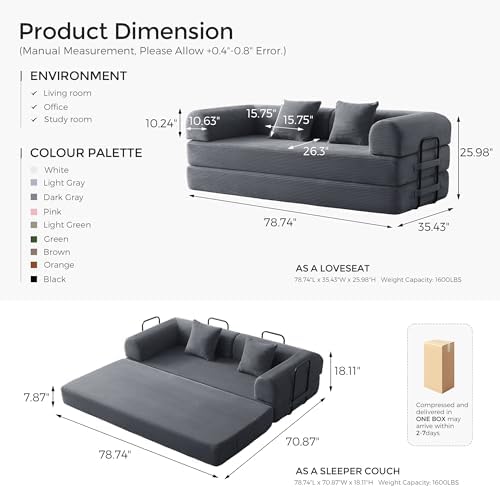 79 Floor Sofa Bed  5 in 1 Convertible Sleeper Sofa with Removable Armrests  Corduroy Fabric Sofa Couch  No Assembly Required for Living Room  Dorm  Studio  Dark Gray 
