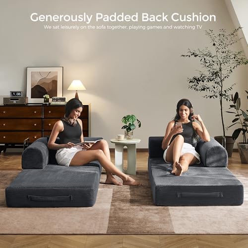 79 Floor Sofa Bed  5 in 1 Convertible Sleeper Sofa with Removable Armrests  Corduroy Fabric Sofa Couch  No Assembly Required for Living Room  Dorm  Studio  Dark Gray 