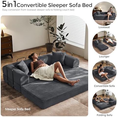 79 Floor Sofa Bed  5 in 1 Convertible Sleeper Sofa with Removable Armrests  Corduroy Fabric Sofa Couch  No Assembly Required for Living Room  Dorm  Studio  Dark Gray 