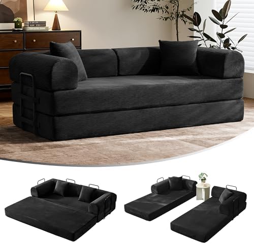 79 Floor Sofa Bed  5 in 1 Convertible Sleeper Sofa with Removable Armrests  Corduroy Fabric Sofa Couch  No Assembly Required for Living Room  Dorm  Studio  Dark Gray 