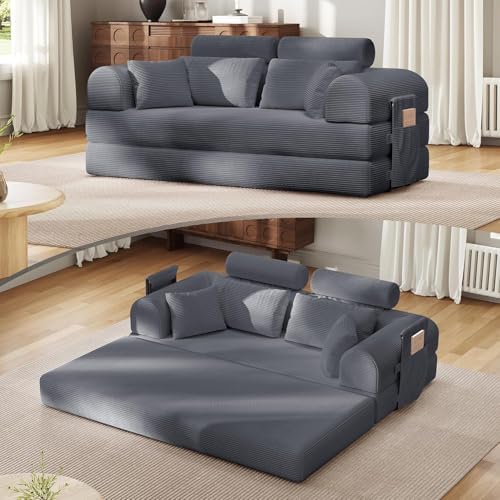 79 Floor Sofa Bed  5 in 1 Convertible Sleeper Sofa with Removable Armrests  Corduroy Fabric Sofa Couch  No Assembly Required for Living Room  Dorm  Studio  Dark Gray 