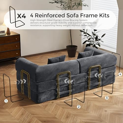 79 Floor Sofa Bed  5 in 1 Convertible Sleeper Sofa with Removable Armrests  Corduroy Fabric Sofa Couch  No Assembly Required for Living Room  Dorm  Studio  Dark Gray 