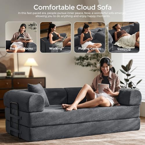 79 Floor Sofa Bed  5 in 1 Convertible Sleeper Sofa with Removable Armrests  Corduroy Fabric Sofa Couch  No Assembly Required for Living Room  Dorm  Studio  Dark Gray 
