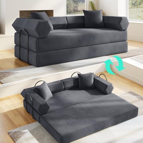 79 Floor Sofa Bed  5 in 1 Convertible Sleeper Sofa with Removable Armrests  Corduroy Fabric Sofa Couch  No Assembly Required for Living Room  Dorm  Studio  Dark Gray 