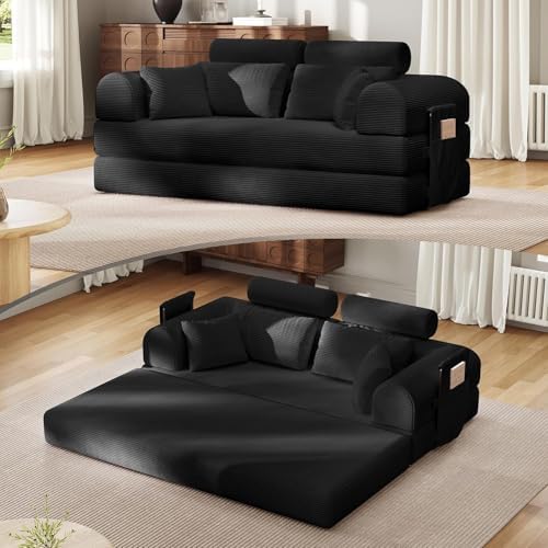 79 Floor Sofa Bed  5 in 1 Convertible Sleeper Sofa with Removable Armrests  Corduroy Fabric Sofa Couch  No Assembly Required for Living Room  Dorm  Studio  Dark Gray 