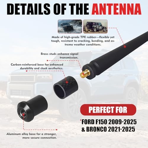 7 Inches Short Antenna for Ford F150 2009 2025 & Bronco 2021 2025  Rubber Replacement Antenna  F150 Accessories  Internal Copper Coil for Enhanced AM/FM Reception & Car Wash Proof  Easy Installation