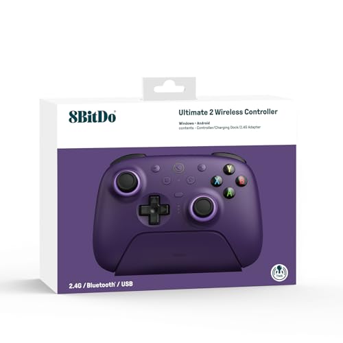 8BitDo Ultimate 2 Wireless Controller for Windows PC  Apple  Steam & Android  Gaming Controller with TMR Joysticks  Hall/Tactile Triggers  Motion Control  RGB Fire Ring  1000Hz Polling Rate  Purple
