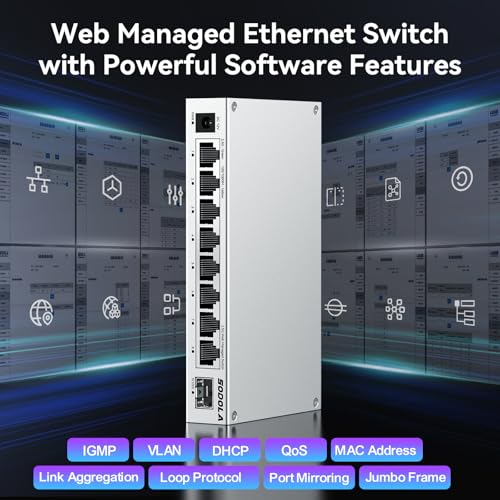 Switch gestionado por Web de 8 puertos de 2,5 Gb con 10G SFP+, refrigeración de aleación de aluminio y montaje magnético - LACP/QoS/VLAN/IGMP Conmutador multiGigabit gestionado para Homelab