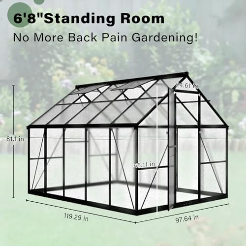 8x10 FT Durable & Easy Assembly Aluminum Greenhouse Outdoor Polycarbonate Greenhouse with Roof Vent  Walk in Greenhouse for Garden  Backyard Black