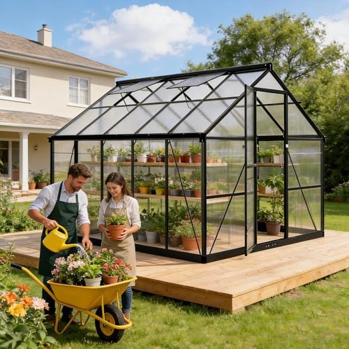 8x10 FT Durable & Easy Assembly Aluminum Greenhouse Outdoor Polycarbonate Greenhouse with Roof Vent  Walk in Greenhouse for Garden  Backyard Black