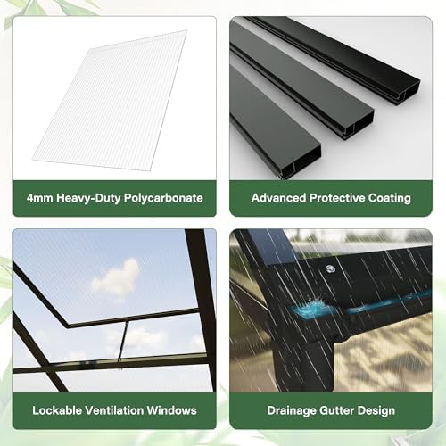 8x10 FT Durable & Easy Assembly Aluminum Greenhouse Outdoor Polycarbonate Greenhouse with Roof Vent  Walk in Greenhouse for Garden  Backyard Black