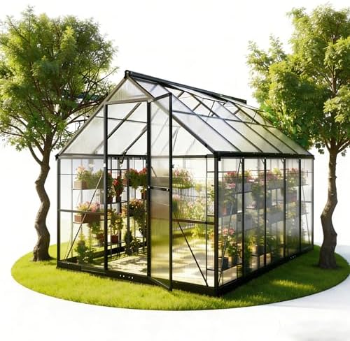 8x10 FT Durable & Easy Assembly Aluminum Greenhouse Outdoor Polycarbonate Greenhouse with Roof Vent  Walk in Greenhouse for Garden  Backyard Black