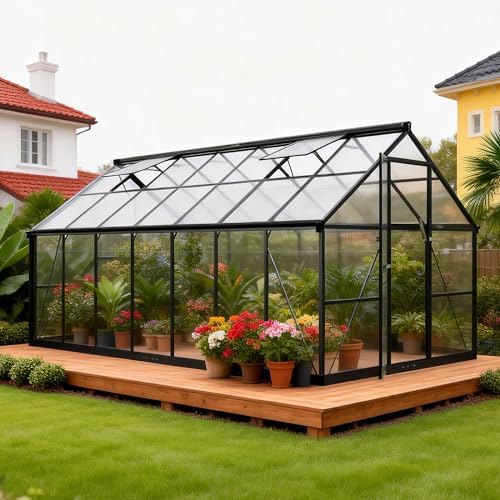 8x14 FT Durable & Easy Assembly Aluminum Greenhouse Outdoor Polycarbonate Greenhouse with Roof Vent  Walk in Greenhouse for Garden  Backyard Black