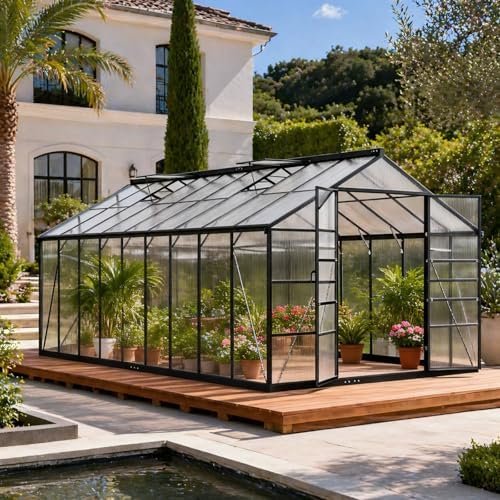 8x14 FT Durable & Easy Assembly Aluminum Greenhouse Outdoor Polycarbonate Greenhouse with Roof Vent  Walk in Greenhouse for Garden  Backyard Black