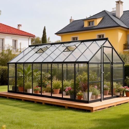 8x14 FT Durable & Easy Assembly Aluminum Greenhouse Outdoor Polycarbonate Greenhouse with Roof Vent  Walk in Greenhouse for Garden  Backyard Black