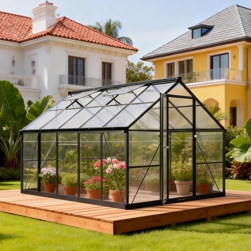 8x14 FT Durable & Easy Assembly Aluminum Greenhouse Outdoor Polycarbonate Greenhouse with Roof Vent  Walk in Greenhouse for Garden  Backyard Black