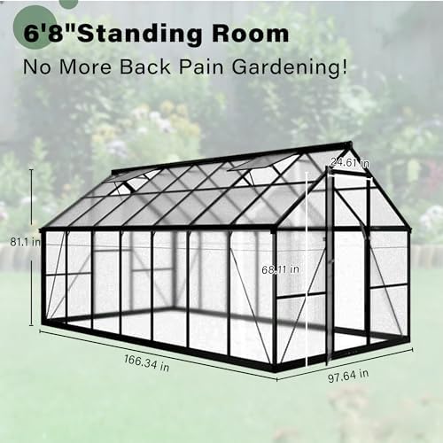 8x14 FT Durable & Easy Assembly Aluminum Greenhouse Outdoor Polycarbonate Greenhouse with Roof Vent  Walk in Greenhouse for Garden  Backyard Black