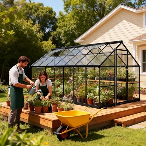 8x14 FT Durable & Easy Assembly Aluminum Greenhouse Outdoor Polycarbonate Greenhouse with Roof Vent  Walk in Greenhouse for Garden  Backyard Black