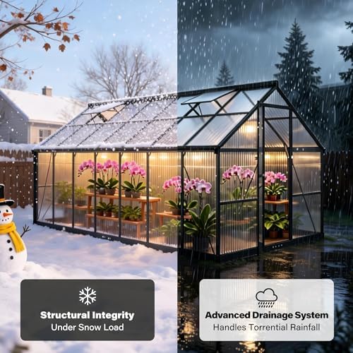 8x14 FT Durable & Easy Assembly Aluminum Greenhouse Outdoor Polycarbonate Greenhouse with Roof Vent  Walk in Greenhouse for Garden  Backyard Black
