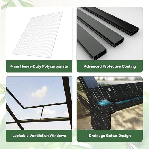 8x14 FT Durable & Easy Assembly Aluminum Greenhouse Outdoor Polycarbonate Greenhouse with Roof Vent  Walk in Greenhouse for Garden  Backyard Black