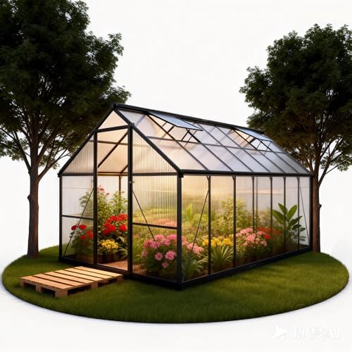 8x14 FT Durable & Easy Assembly Aluminum Greenhouse Outdoor Polycarbonate Greenhouse with Roof Vent  Walk in Greenhouse for Garden  Backyard Black