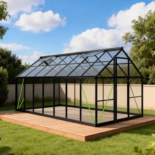 8x14 FT Durable & Easy Assembly Aluminum Greenhouse Outdoor Polycarbonate Greenhouse with Roof Vent  Walk in Greenhouse for Garden  Backyard Black