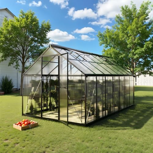 8x14 FT Greenhouse  Polycarbonate Green House with Quick Setup Structure and Roof Vent  Aluminum Large Walk in Greenhouse for Outside Garden Backyard  Black