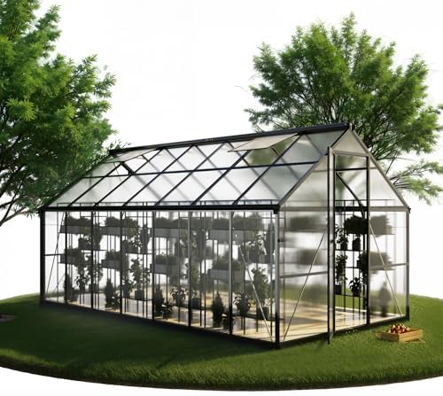 8x14 FT Greenhouse  Polycarbonate Green House with Quick Setup Structure and Roof Vent  Aluminum Large Walk in Greenhouse for Outside Garden Backyard  Black