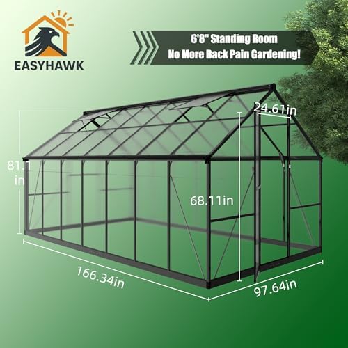 8x14 FT Greenhouse  Polycarbonate Green House with Quick Setup Structure and Roof Vent  Aluminum Large Walk in Greenhouse for Outside Garden Backyard  Black