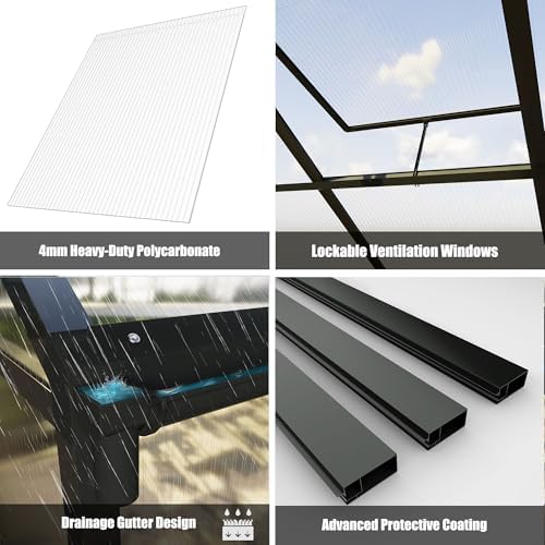 8x14 FT Greenhouse  Polycarbonate Green House with Quick Setup Structure and Roof Vent  Aluminum Large Walk in Greenhouse for Outside Garden Backyard  Black