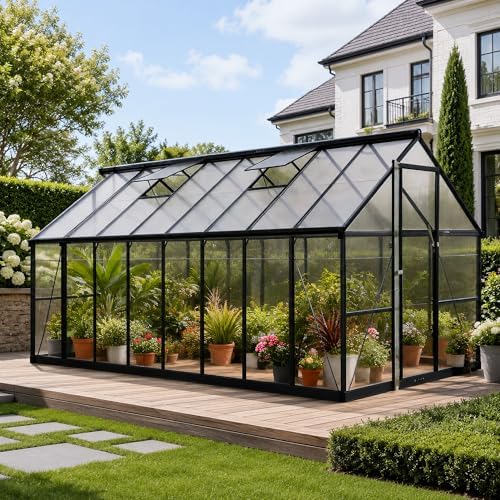 8x14 FT Greenhouse  Polycarbonate Green House with Quick Setup Structure and Roof Vent  Aluminum Large Walk in Greenhouse for Outside Garden Backyard  Black
