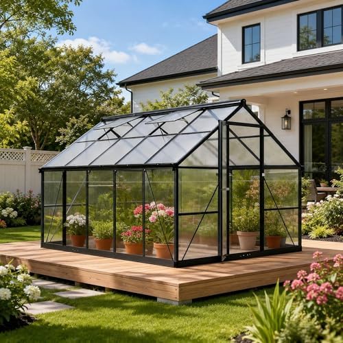 8x14 FT Greenhouse  Polycarbonate Green House with Quick Setup Structure and Roof Vent  Aluminum Large Walk in Greenhouse for Outside Garden Backyard  Black