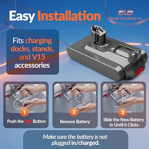 95 Mins V11/V15 Battery Replacement   High Capacity  Fast Charging  Strong Suction   Built for Dyson V11/V15 Click in battery vaccums/ Detect Submarine/Outsize/Extra/Absolute Series   SV15 SV22  SV47