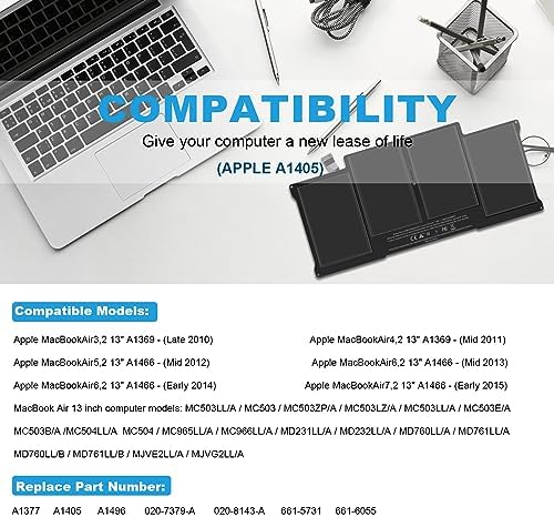 A1405 Laptop Battery for MacBook Air 13 inch A1466  Mid 2012 Mid 2013 Early 2014  Early 2015 2017  A1369  Late 2010  Mid 2011 Version  fits A1496 A1377  EMC  2925  2469  2559  2392  2632  3178