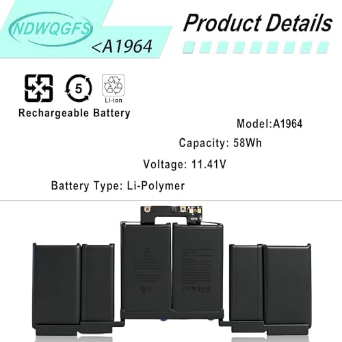 Reemplazo de batería A1964 A1819 para MacBook Pro de 13 pulgadas (mediados de 2018, 2019) A2251 (2020) 58.2Wh 11.41V Li-Polymer compatible con EMC 3214 3358 3348 MR9Q2LL/A MWP42LL/A