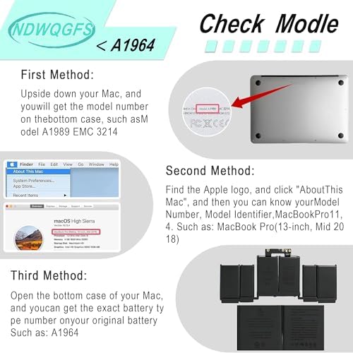 Reemplazo de batería A1964 A1819 para MacBook Pro de 13 pulgadas (mediados de 2018, 2019) A2251 (2020) 58.2Wh 11.41V Li-Polymer compatible con EMC 3214 3358 3348 MR9Q2LL/A MWP42LL/A