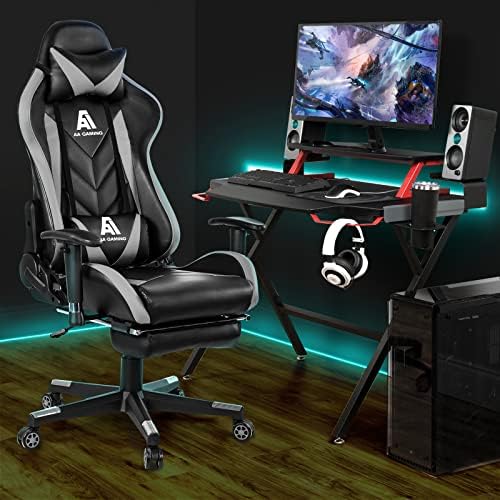 AA Products Gaming Chair High Back Ergonomic Computer Racing Chair Adjustable Office Chair with Footrest  Lumbar Support Swivel Chair   Grey