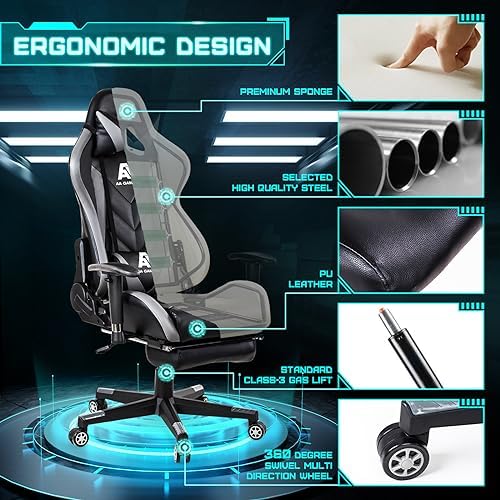 AA Products Gaming Chair High Back Ergonomic Computer Racing Chair Adjustable Office Chair with Footrest  Lumbar Support Swivel Chair   Grey