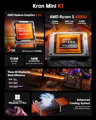 ACEMAGIC K1 Mini PC AMD Ryzen 4300U  Up to 3 7Ghz   16GB DDR4 512GB SSD  Mini Computer with Radeon Graphics  4K Triple Display USB C 28W Performance  Ethernet VESA  WiFi/BT  Business & Home Office