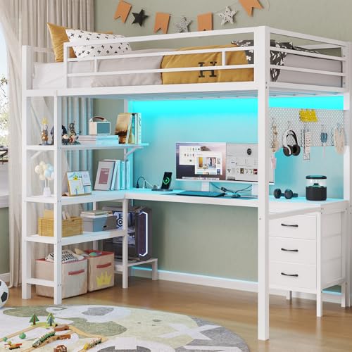 ADORNEVE Loft Bed Twin Size with L Shaped Desk  LED Lights Charging Station Twin Metal Loft Bed with Desk  Fabric Drawers & Shelves  13 4 H Safety Guard  No Box Spring Needed White