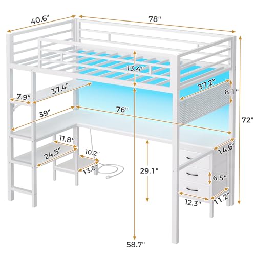 ADORNEVE Loft Bed Twin Size with L Shaped Desk  LED Lights Charging Station Twin Metal Loft Bed with Desk  Fabric Drawers & Shelves  13 4 H Safety Guard  No Box Spring Needed White