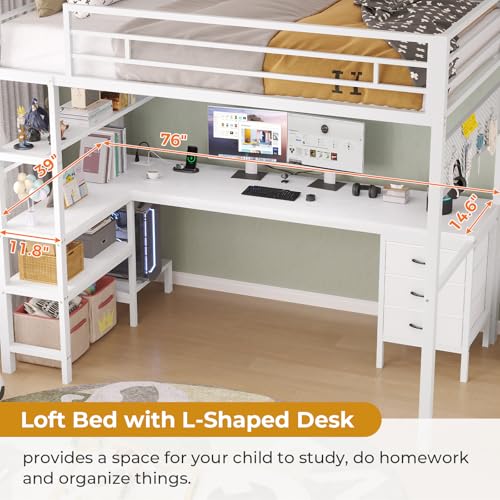 ADORNEVE Loft Bed Twin Size with L Shaped Desk LED Lights Charging Station Twin Metal Loft Bed with Desk Fabric Drawers & Shelves 13 4 H Safety Guard No Box Spring Needed White