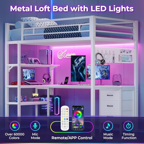 ADORNEVE Loft Bed Twin Size with L Shaped Desk LED Lights Charging Station Twin Metal Loft Bed with Desk Fabric Drawers & Shelves 13 4 H Safety Guard No Box Spring Needed White