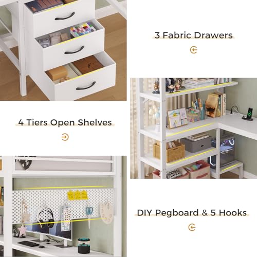 ADORNEVE Loft Bed Twin Size with L Shaped Desk LED Lights Charging Station Twin Metal Loft Bed with Desk Fabric Drawers & Shelves 13 4 H Safety Guard No Box Spring Needed White