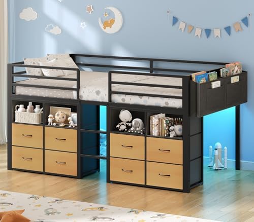 ADORNEVE Low Loft Bed Twin Size with 8 Storage Drawers  Twin Loft Bed with Bookcase and LED Lights  Metal Kids Loft Bed with 14 H Safety Guardrail  Under Bed Play Space  No Box Spring Needed  Natural